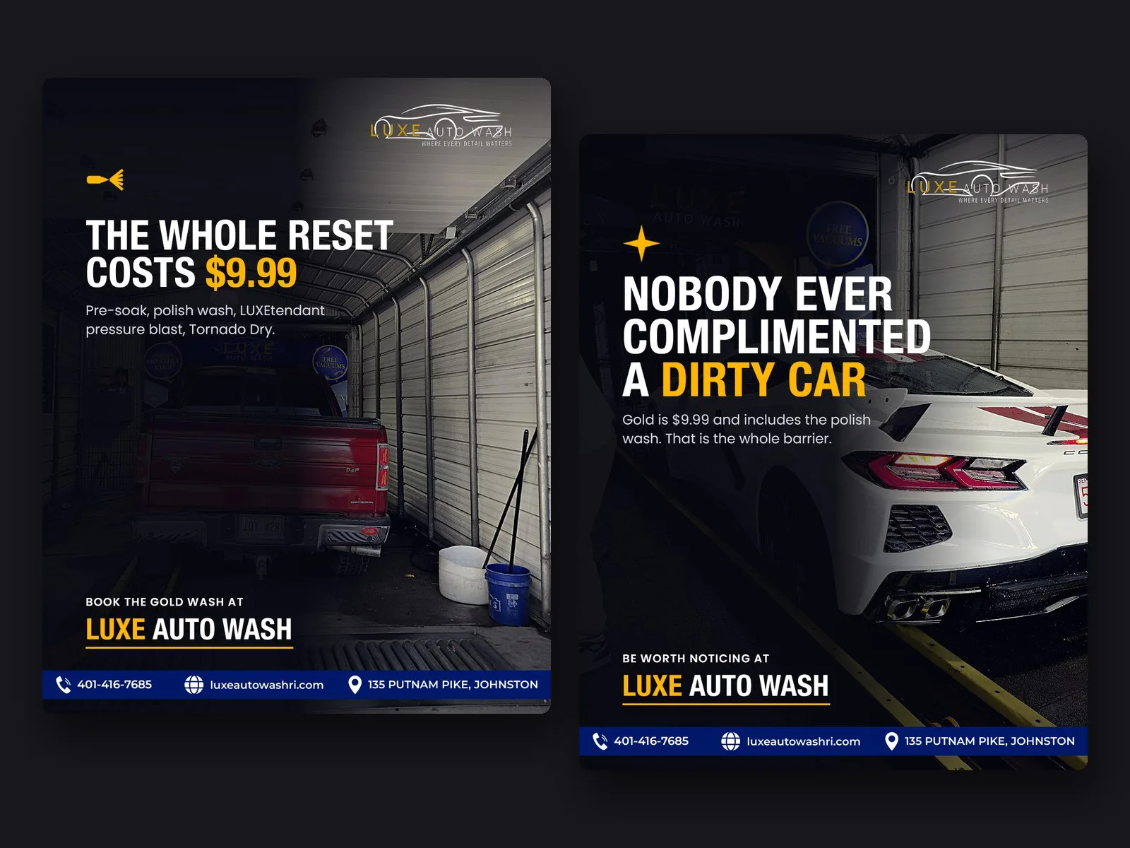 Two social posts made for Luxe Auto Wash using photos taken at the wash