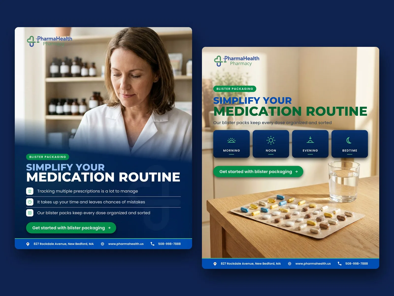 Two social posts made for PharmaHealth Pharmacy, one on blister packaging